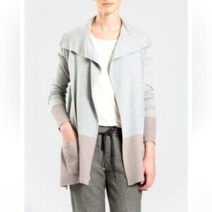 White + Warren Silk Blend Waterfall Color block Open Cardigan in Grey and Tan XS